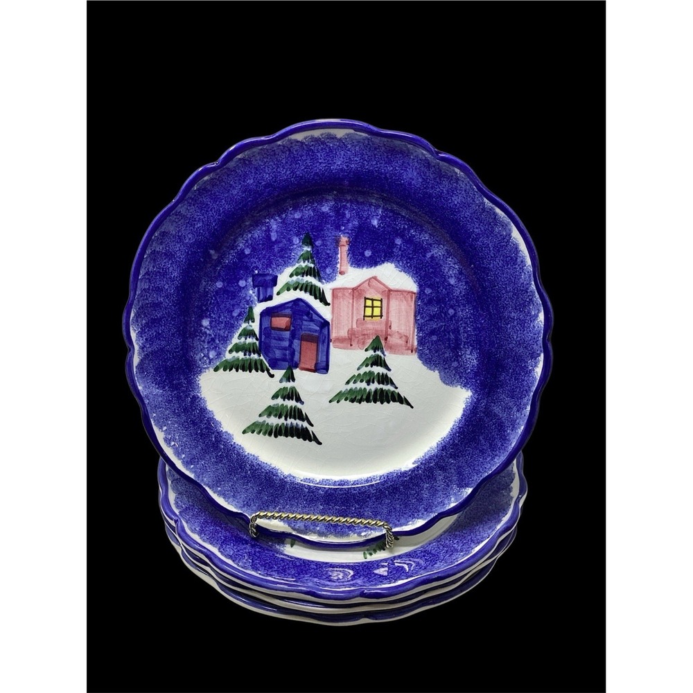 Vtg (4) MARKETPLACE SNOW SCENE BLUE SPONGE Dinner Plates MADE IN ITALY 10-1/4"